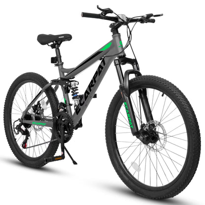 26 Inch-Wheels Mountain Bike, 21-Speed Full Suspension Mens Womens Trail Commuter City Bicycle with Disc Brakes, Grey
