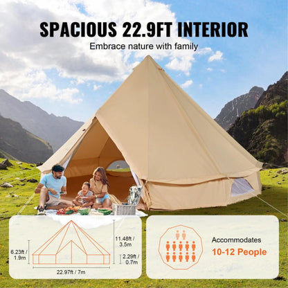 12-Person Waterproof Canvas Glamping Bell Tent with Stove Jack, Detachable Side Wall, Ideal for Family Camping (23'x23'x137, Diameter 7M)