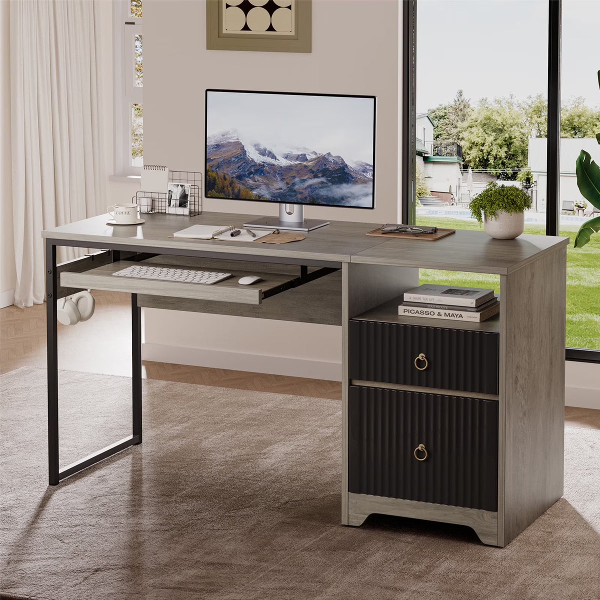 Bestier 55 Inch Office Desk with Drawers, Keyboard Tray, 2 Hooks, Modern Fluted Computer Desk for Home, Grey