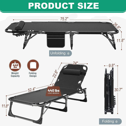 Slsy 4-Fold Folding Camping Cot with 2 Sided Mattress & Pillow, Adjustable 5-Position Folding Lounge Chair, Folding Sleeping Cots