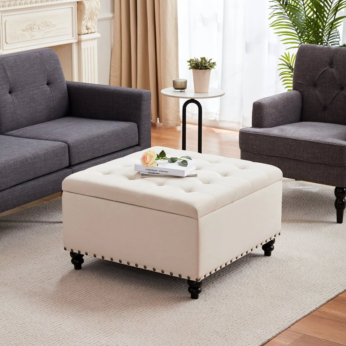 HUIMO Large Square Storage Ottoman Bench, 30-inch Wide Storage Bench Coffee Table with Tufted Oversized, for Living Room (Beige)