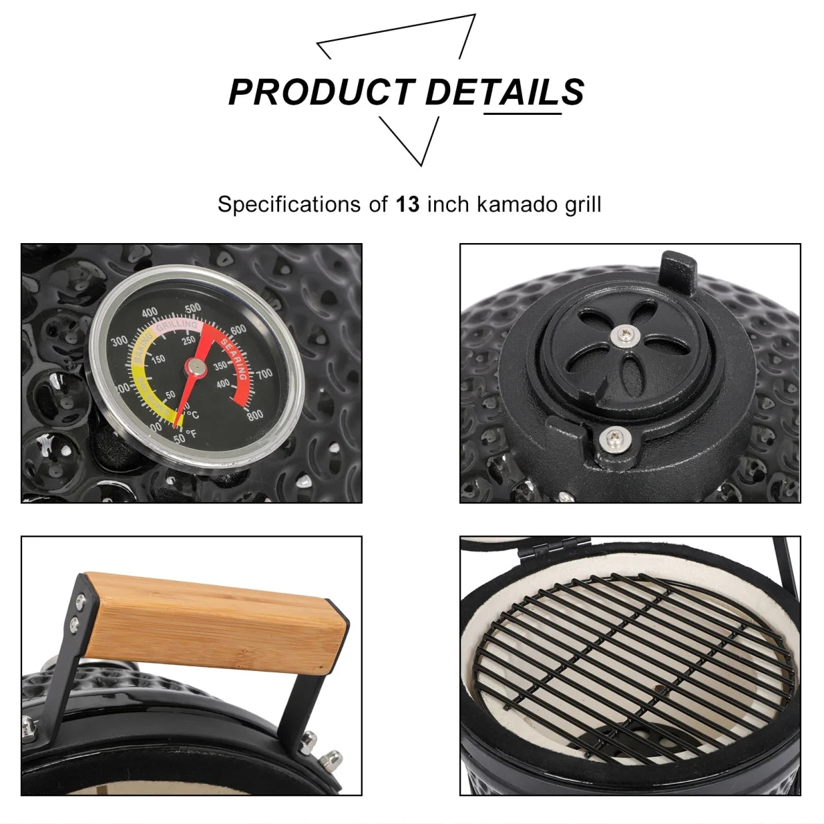 13in Ceramic Charcoal Kamado Grill with Heavy Duty Heat-Resistant Walls, 50-800��F Temp Control, for Backyard Grilling, Smoking, Baking, Orange