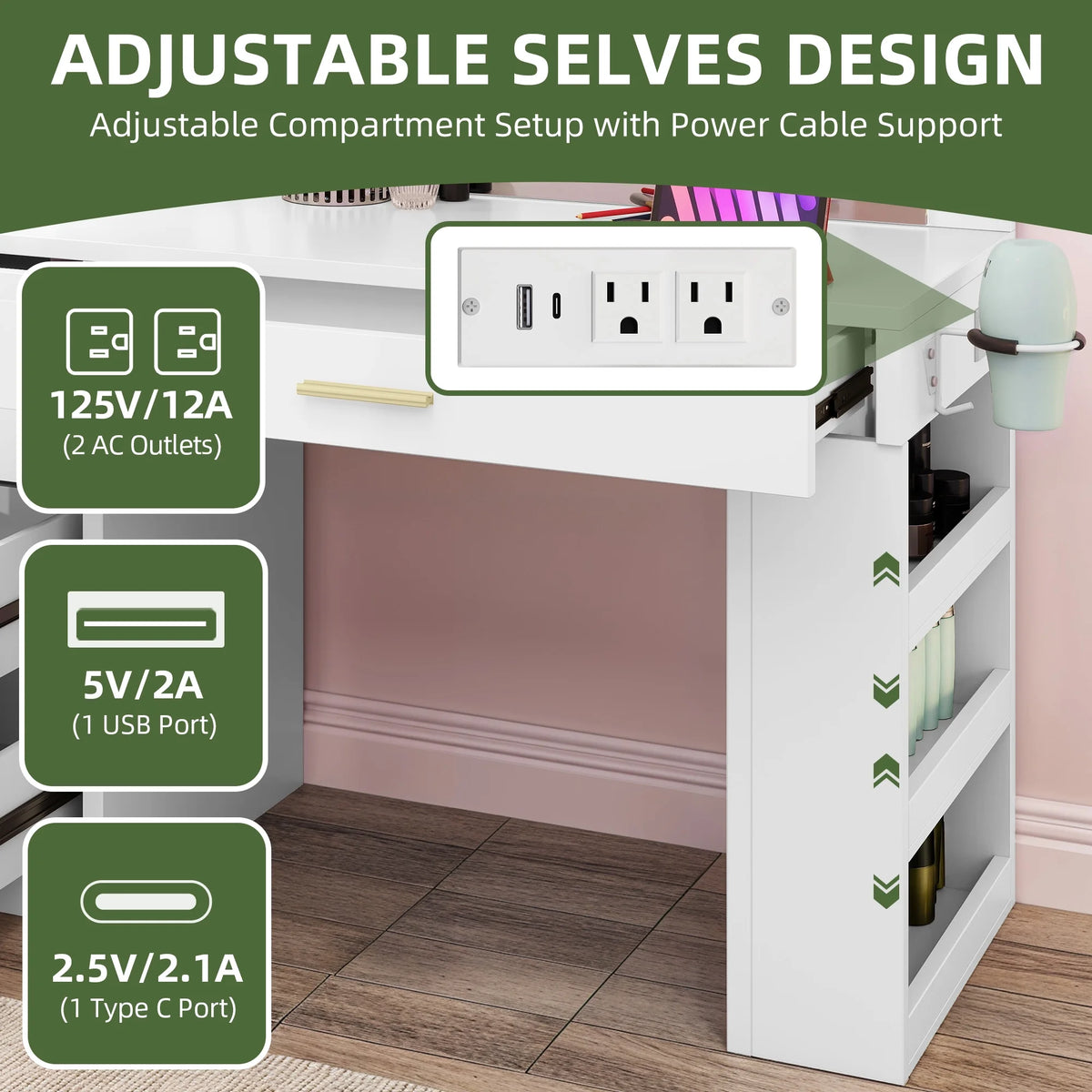 Uforic Makeup Vanity Desk with Mirror & Lights, Vanity Desk with 4 Drawers & Storage Shelves - White