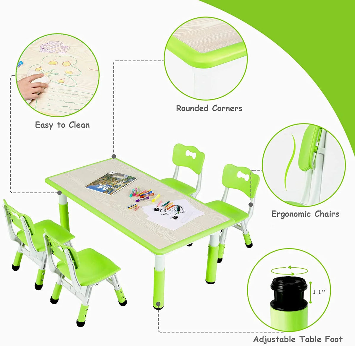 Arlopu Toddler Table and Chair Set Height Adjustable, Kids Activity Table for Reading, Drawing, Eating, Studying, Max 220lbs