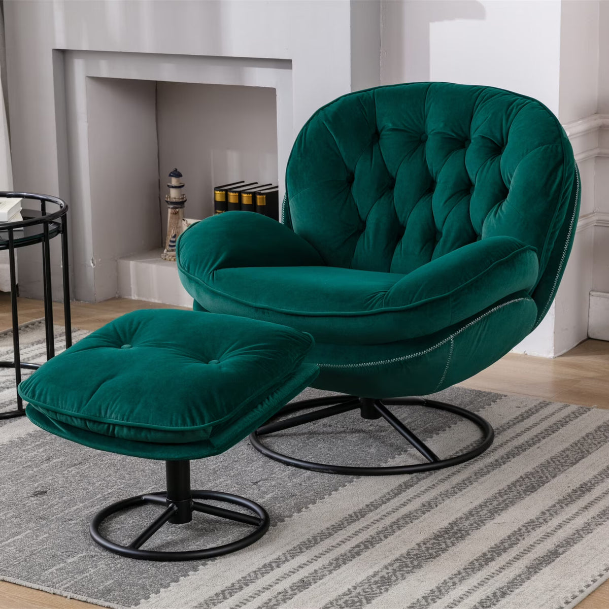 Velvet Swivel Accent Chair with Ottoman Set, Modern Tufted Armchair with Footrest for Living Room Reading TV Chairs for Adults, Comfy Chaise Lounge Chairs with 360 Degree Swiveling for Bedroom, Pink