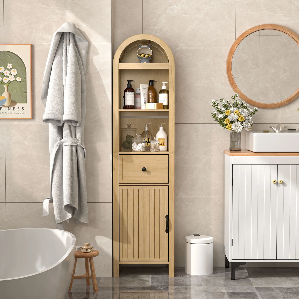 Fiogmub Tall Bathroom Storage Cabinets with Doors and Shelves, Narrow Tall Linen Cabinet with Drawer