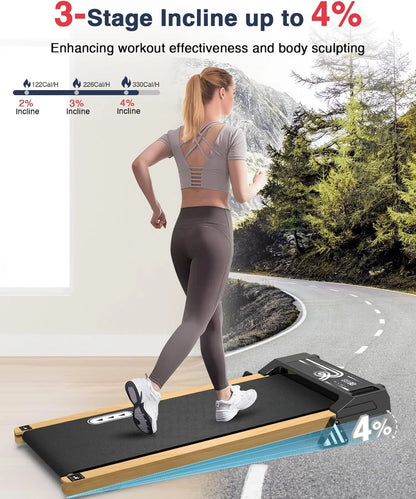 Ecotronic Indoor Electric Walking Pad with Natural Wood Finish, 2.25HP Motor, LED Display, Remote Control, and Incline