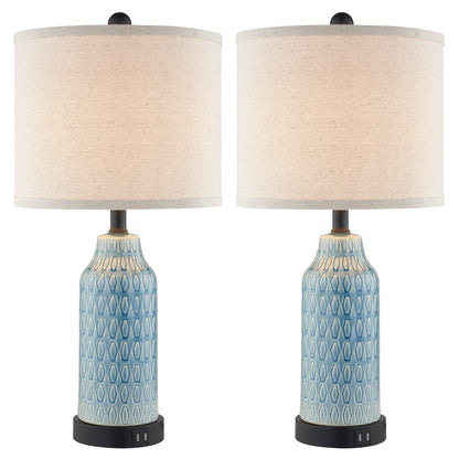 Cinkeda Table Lamp Set of 2 for Living Room Bedroom with USB Ports AC Outlet 3 Way Dimmable Touch Nightlight Farmhouse White Floral Nightstand Bedside Lamps