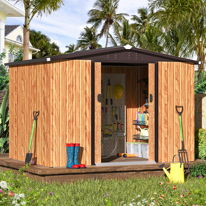 U-MAX 8 x 6 ft. Wood Grain Outdoor Metal Storage Shed with Lockable Door Patio Garden Storage Building for Outside