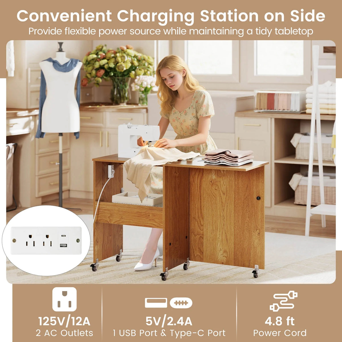 Costway Folding Sewing Table Rolling Craft Station with 3 Storage Bins & Charging Station Natural