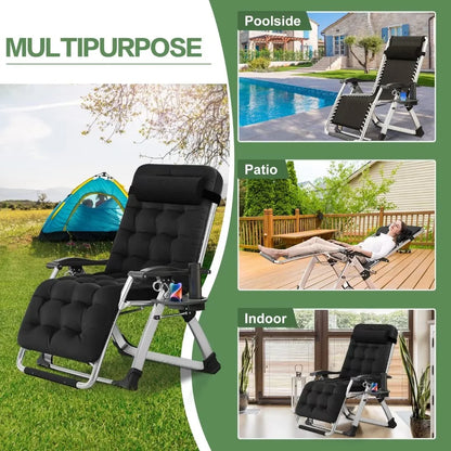 NAIZEA 2 Pack Zero Gravity Chair, Foldable Portable Lawn Recliner with Cushion, Headrest, Cup Holder, Black