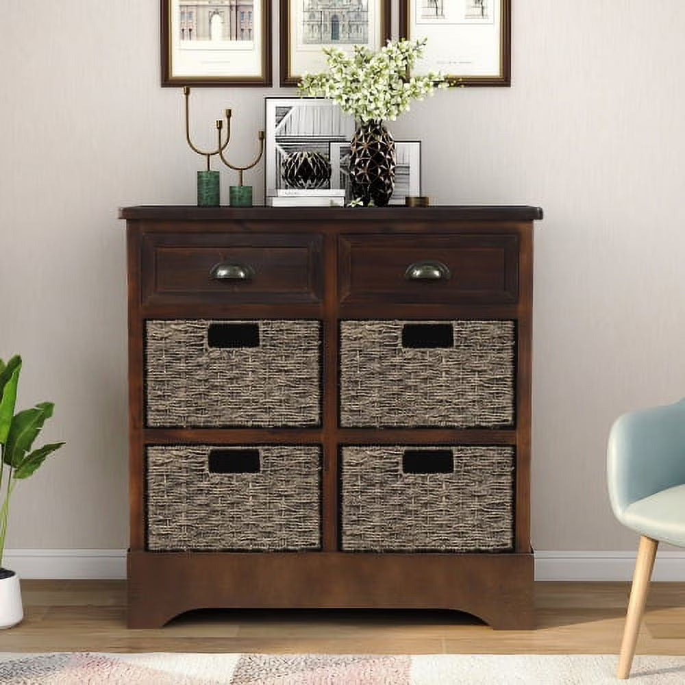 Rustic Storage Cabinet, Wood Accent Cabinet with 2 Drawers and 4 Rattan Baskets,Entryway Console Table Sofa Table for Living Room,Dining Room,White Washed