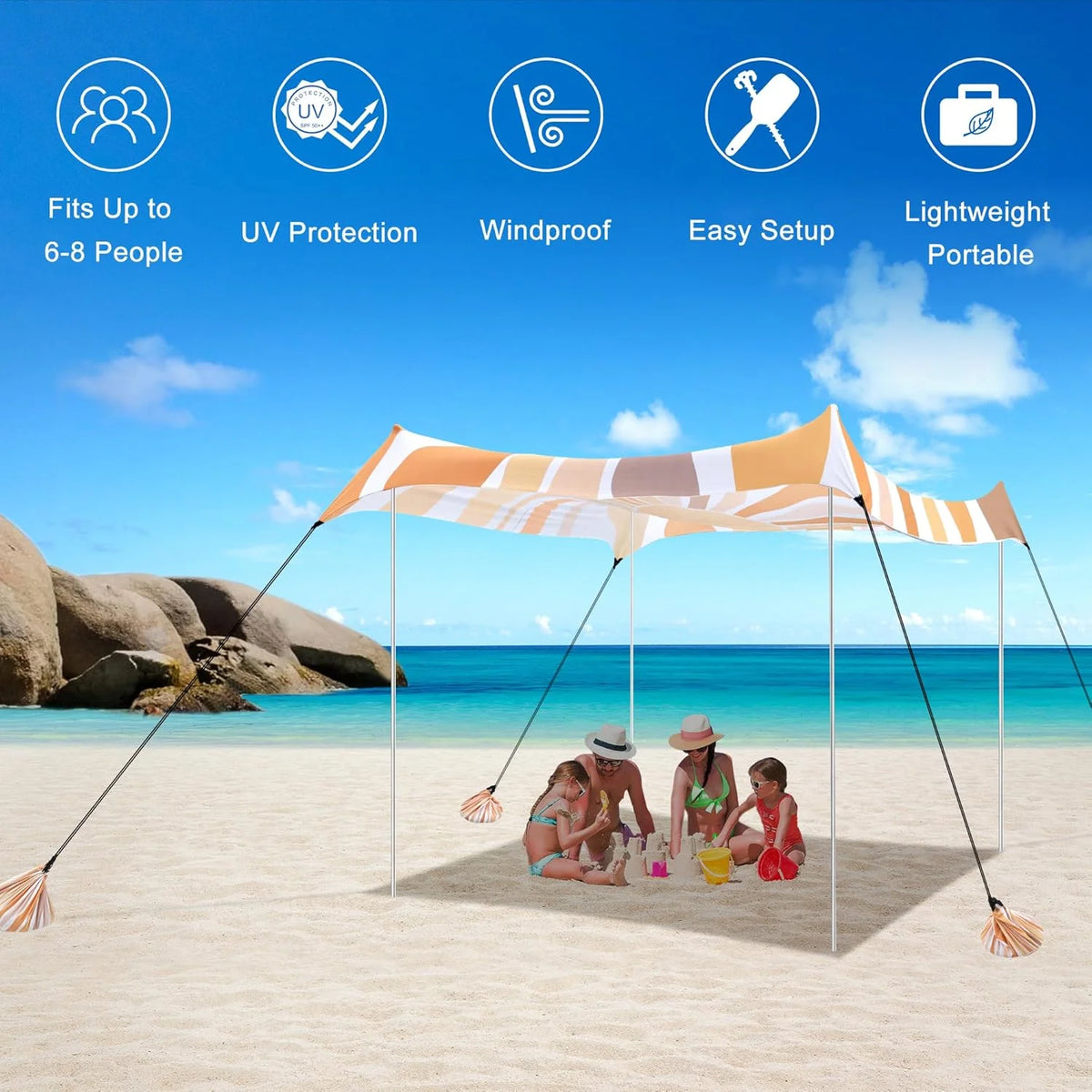 Beach Tent, UPF 50+ Beach Canopy Sun Shade, Portable 10×10 FT Large Pop-Up Beach Tent Sun Shelter with Sand Anchors, Ground Pegs, Easy Setup for Beach, Camping, Park, and Backyard Fun