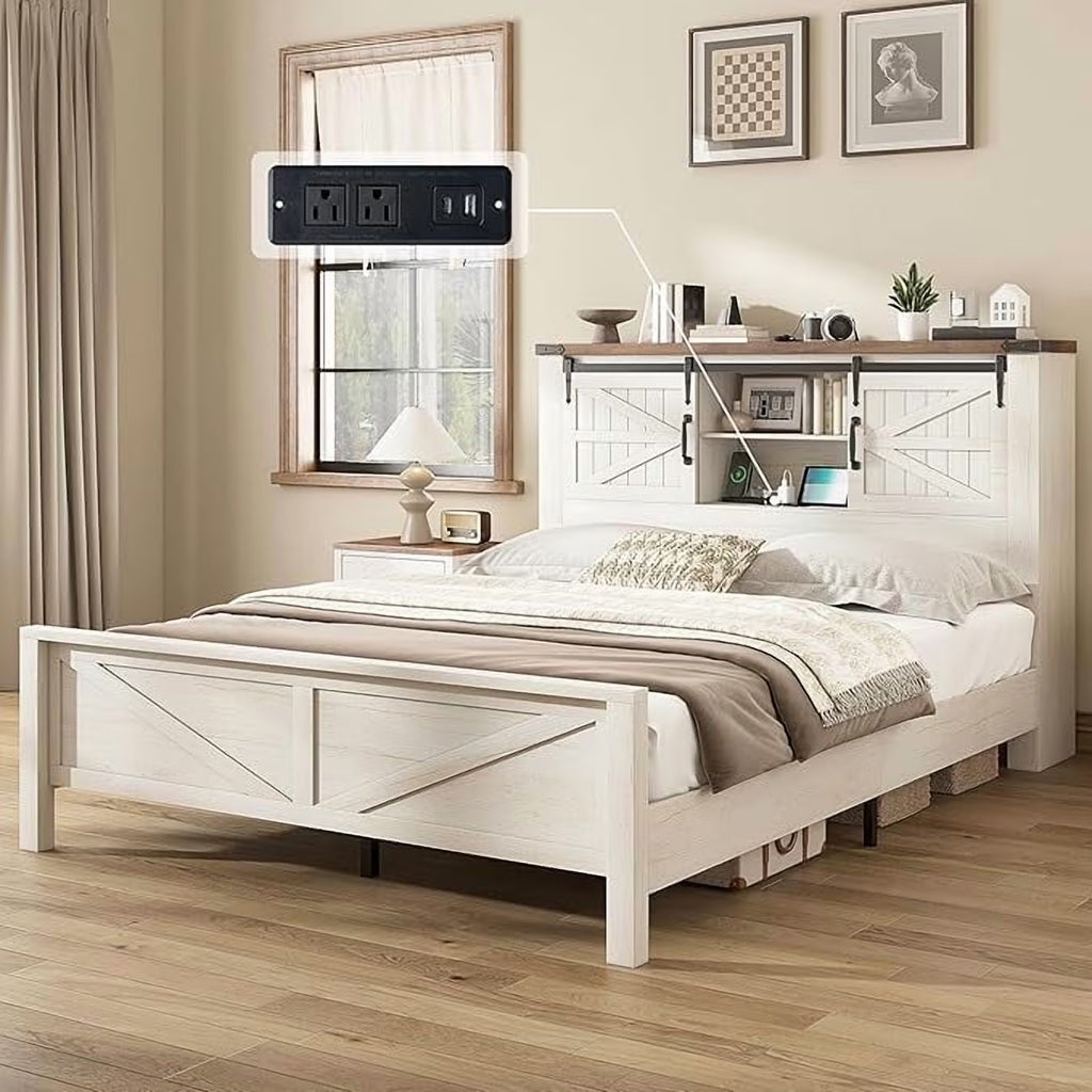 Merluxy Farmhouse Full Bed Frame with Storage Bookcase & Charging Station, Bedroom Furniture, Grey