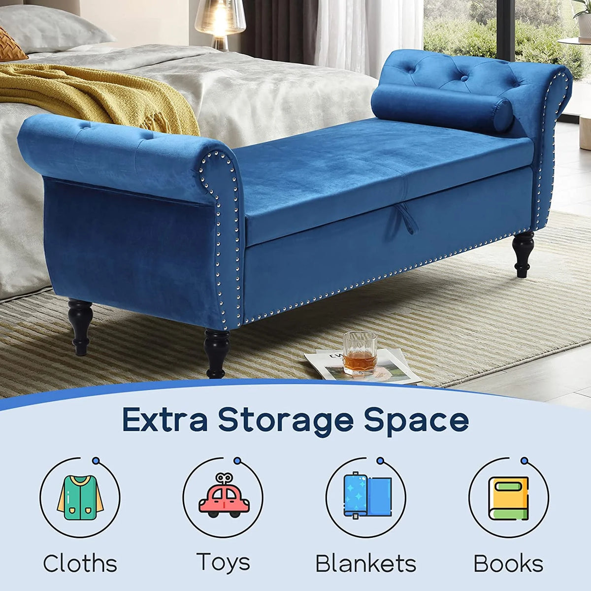 Sumdeal 43.5" Storage Ottoman Bench with 250lb Seating, Linen Upholstered Wood Legs Safety Hinge Flip Top Oval Foot Rest Long Stool for Sofa Couch Bedroom End of Bed Living Room Entryway, White