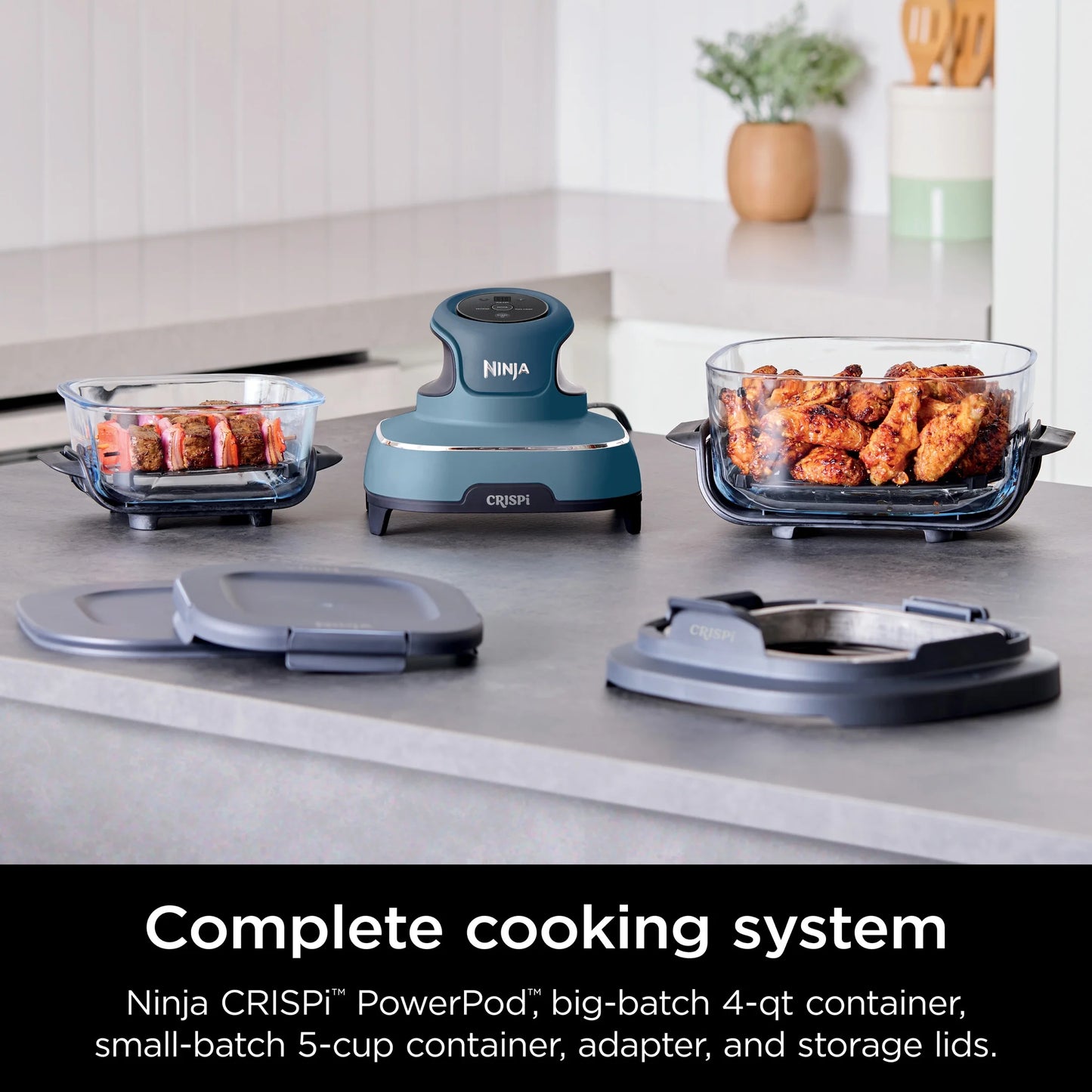Ninja Crispi 3-in-1 Portable Glass Air Fryer Cooking System, 1500W, 4-Qt & 5-Cup TempWare Glass Containers with Storage Lids, Microwave, Freezer & Dishwasher Safe, White, FN100WH