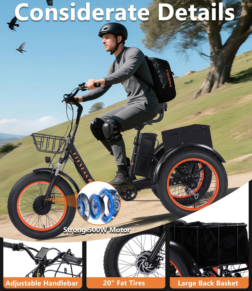 YEBEI Electric Tricycle for Adults Folding E-Trike Motorized Tricycle Electric 3 Wheels Trike Powerful 500W Motor Electric Tricycle 48V15AH Lithium Battery Max 20MPH 20*4.0” Fat Tire Orange