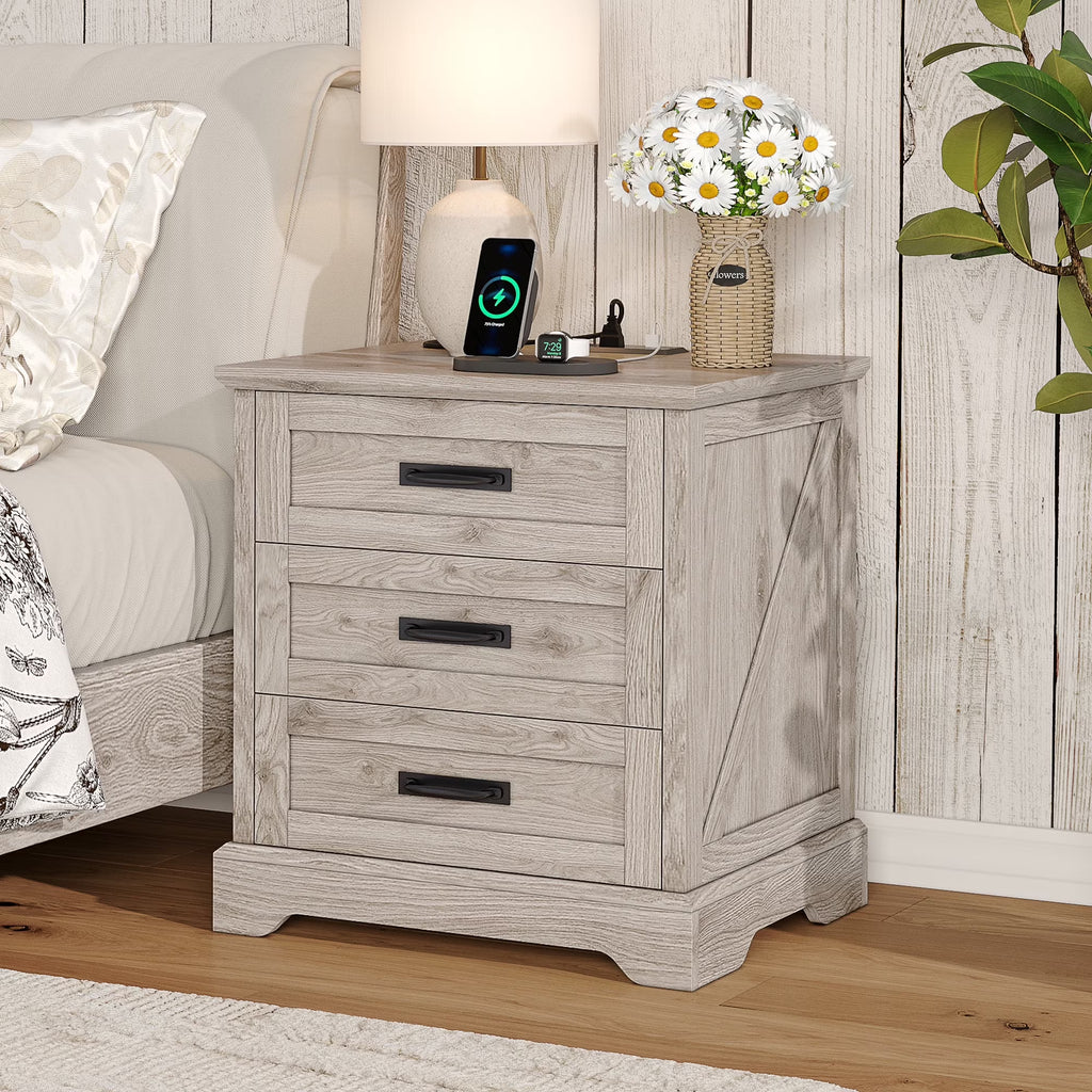 Farmhouse Nightstand Set of 2, 22 inch Side Table with Charging Station for Bedroom, 2PCS, White