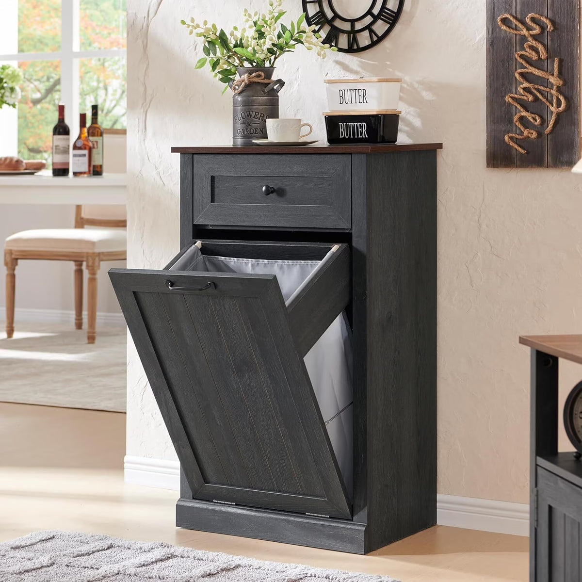 SinCiDo Kitchen Double Tilt Out Trash Can Cabinet, 20 Gallon Farmhouse Wooden Trash Garbage Can with Drawer