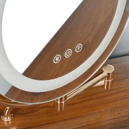 MODERNLUXE Corner Makeup Vanity Desk with Folding Mirror and Lights,Modern Vanity Set with 1 Stool,2 Drawers and 3 Shelves for Bedroom,Women, and Girls,Walnut