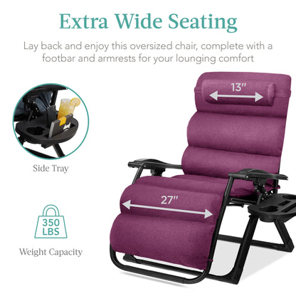Best Choice Products Oversized Zero Gravity Chair, Folding Recliner w/ Removable Cushion, Side Tray - Fossil Gray