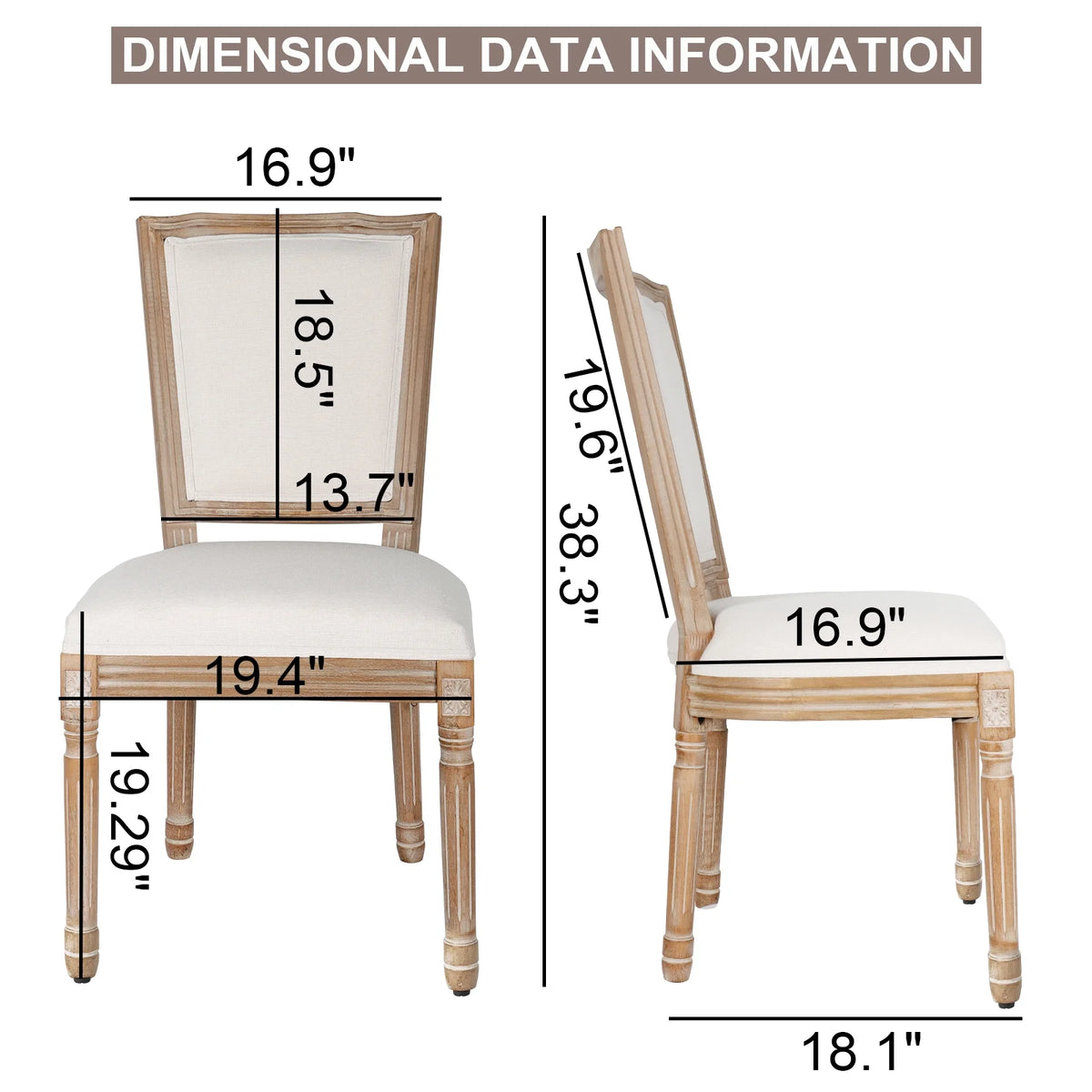 French Dining Chairs Set of 2 Beige Natural Fabric Round Back with Solid Wood Legs and Frame for Bedroom Dining Room Kitchen