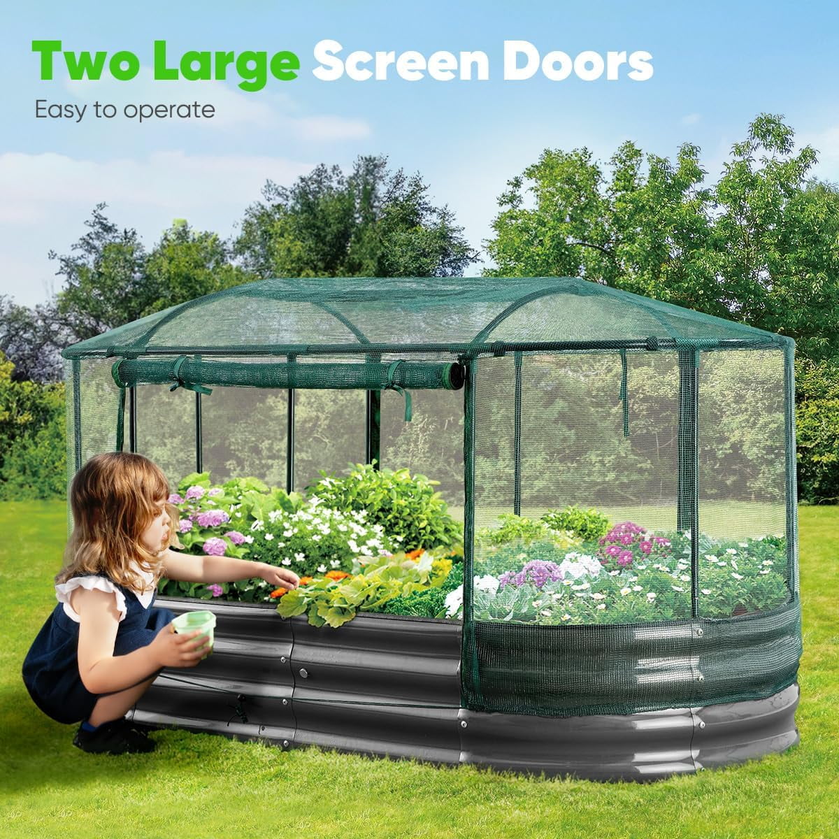 Quictent 8x3x1 ft Galvanized Raised Garden Bed Kit with Self Watering System and Mesh Cover, Large Oval Metal Outdoor Planter Garden Boxes for Vegetables Herbs Flowers