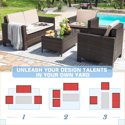 Lacoo 4 Pieces Patio Furniture Sets Rattan Chair Wicker Conversation Sofa Set Outdoor Tble and Chairs for Backyard Porch Garden Poolside Balcony, White