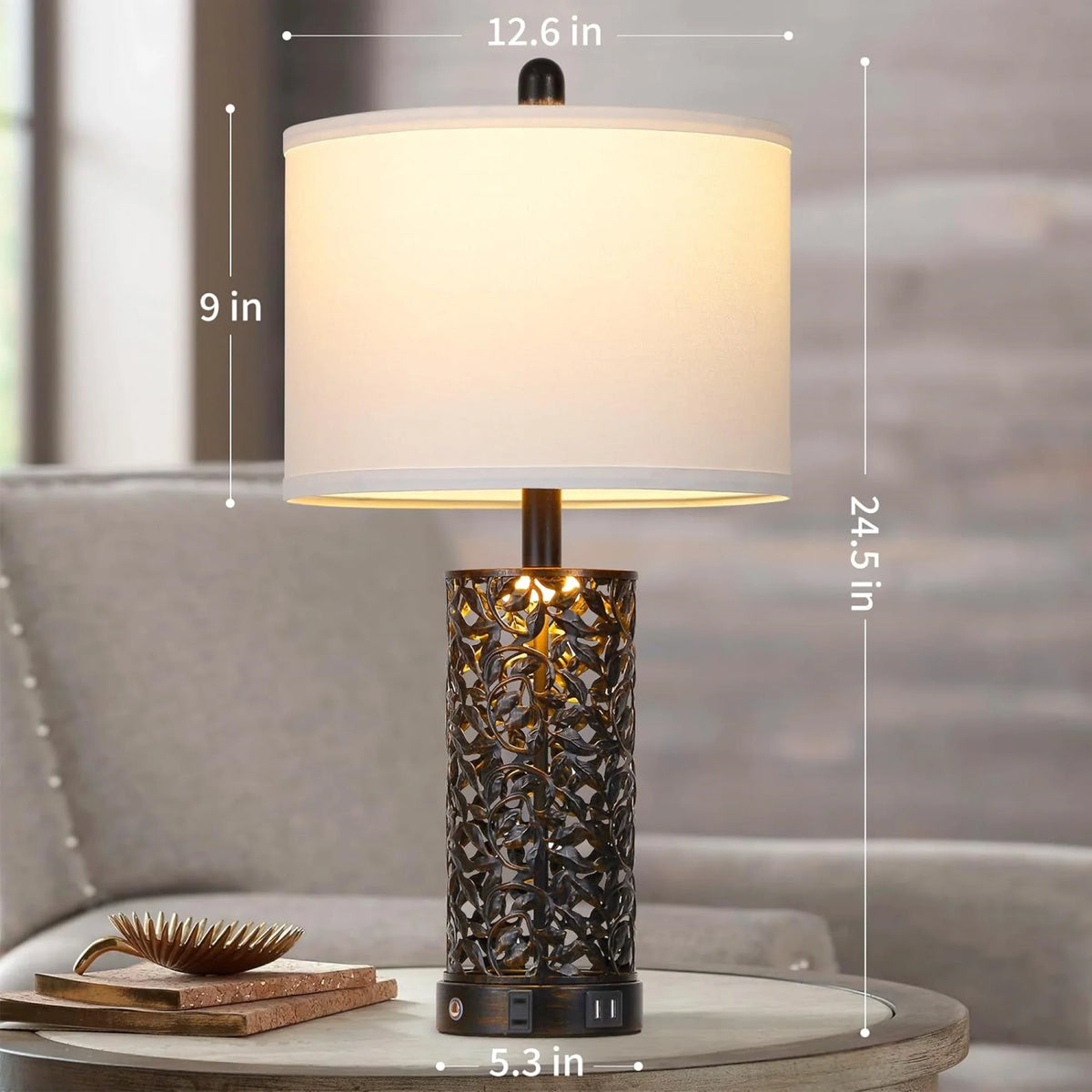 Cinkeda Table Lamp Set of 2 for Living Room Bedroom with USB Ports AC Outlet 3 Way Dimmable Touch Nightlight Farmhouse White Floral Nightstand Bedside Lamps