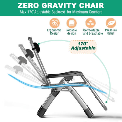 NAIZEA 2 Pack Zero Gravity Chair, Foldable Portable Lawn Recliner with Cushion, Headrest, Cup Holder, Black