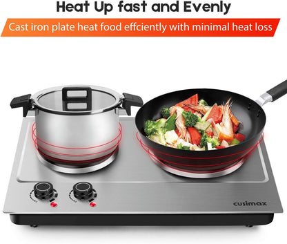 CUSIMAX 1800W Portable Double Burner Hot Plate �?Stainless Steel Countertop Electric Cooktop with Dual Cast Iron Heating Plates, Easy-to-Clean Silver Design, Upgraded Version