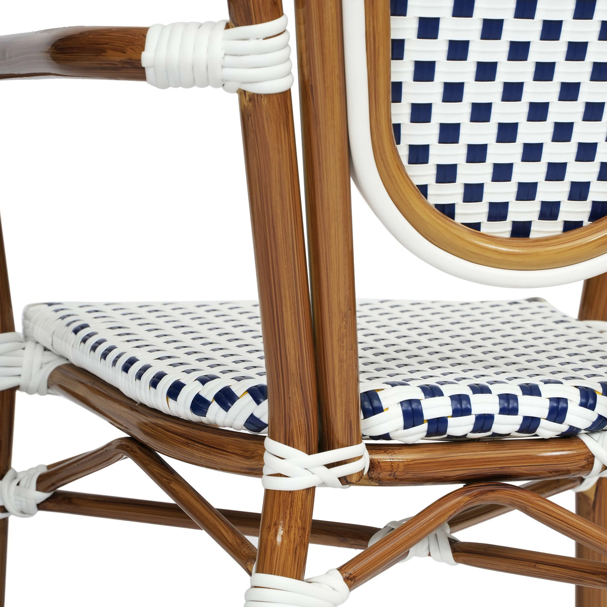 Merrick Lane Stacking Thonet French Bistro Style Chair with Arms, Black & White PE Rattan Seat, and Bamboo Finished Metal Frame for Indoor/Outdoor Use