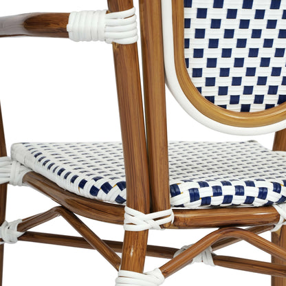 Merrick Lane Stacking Thonet French Bistro Style Chair with Arms, Black & White PE Rattan Seat, and Bamboo Finished Metal Frame for Indoor/Outdoor Use