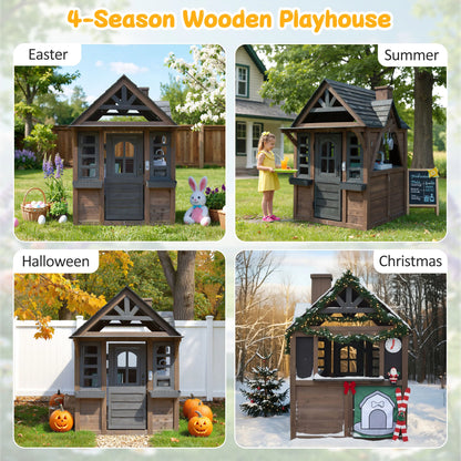 COCLUB Outdoor Playhouse for Kids Ages 4-8, Wooden Play House with Doorbell, Phone, Kitchen Toys, Outdoor Kids Play Equipment, Casa Para Ni?as (45��L x 65��H), White & Black