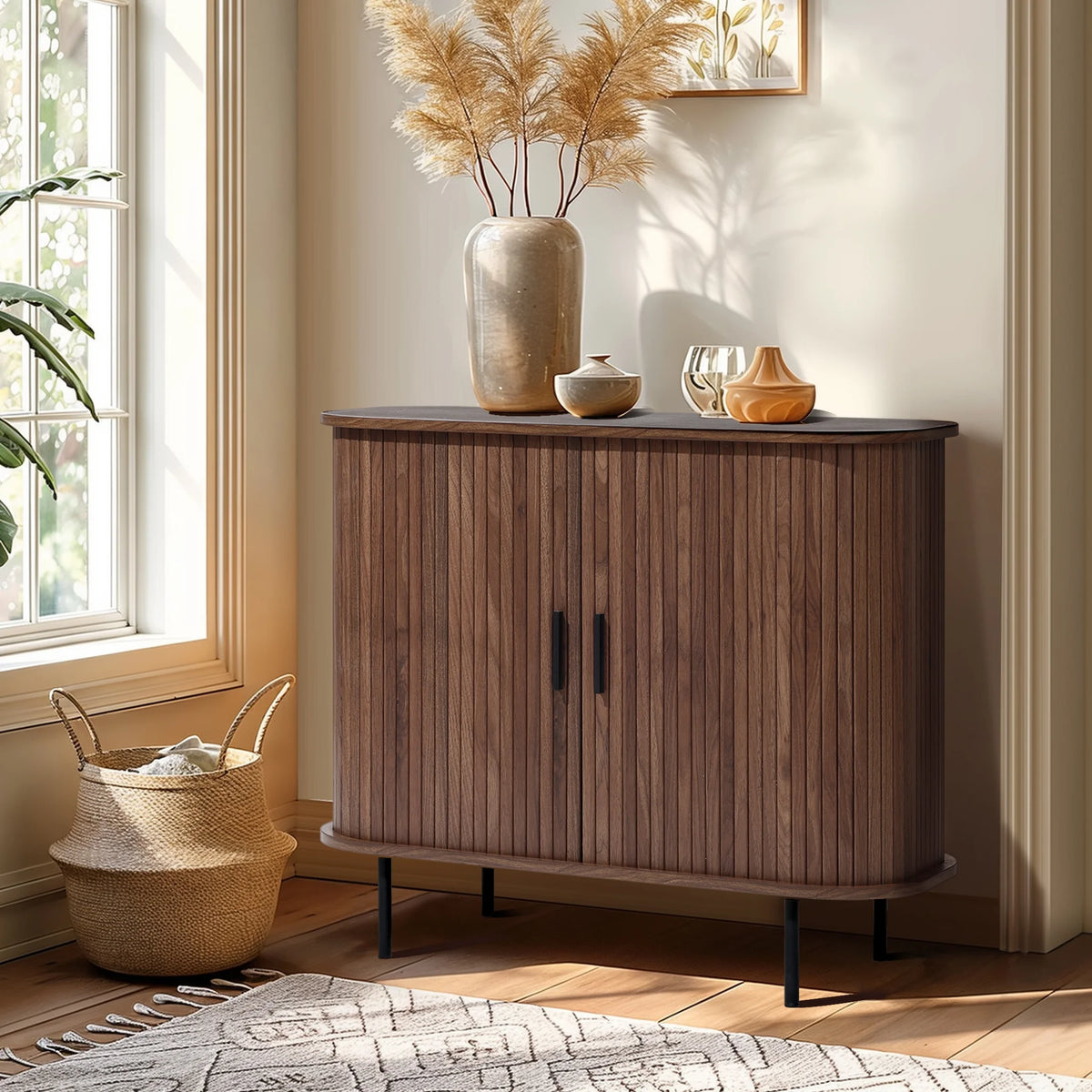 LuxenHome 35" Mid Century Modern Accent Cabinet, Small Buffet Cabinet with Sliding Door, Oak