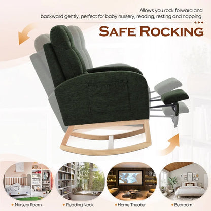 FFH Rocking Chair Nursery, Tufted Accent Rocker Chair, Upholstered Armchair with Adjustable Footrest, Side Pocket, High Backrest, Padded Seat, Polyester Blend (Retro, Dark Gray)