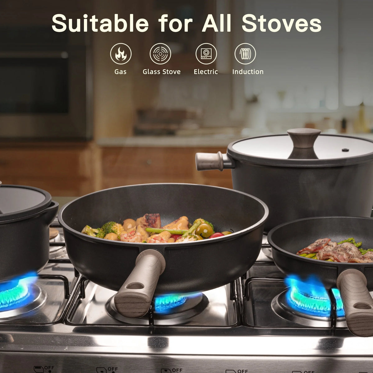 Astercook 18-Piece Pots and Pans Set, Nonstick Cookware Set with Elegant Wooden Handle, Oven Safe to 480��F, Induction Compatible, Kitchen Cooking Set for RV Trips, Camping and Picnic, Black