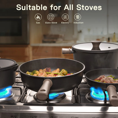 Astercook 18-Piece Pots and Pans Set, Nonstick Cookware Set with Elegant Wooden Handle, Oven Safe to 480��F, Induction Compatible, Kitchen Cooking Set for RV Trips, Camping and Picnic, Black