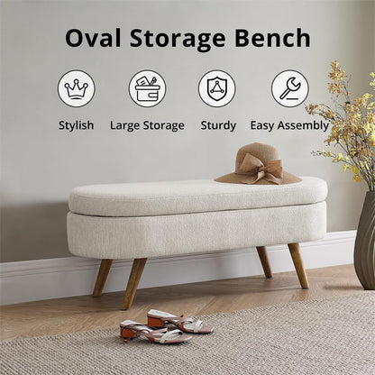 Sumdeal 43.5" Storage Ottoman Bench with 250lb Seating, Linen Upholstered Wood Legs Safety Hinge Flip Top Oval Foot Rest Long Stool for Sofa Couch Bedroom End of Bed Living Room Entryway, White
