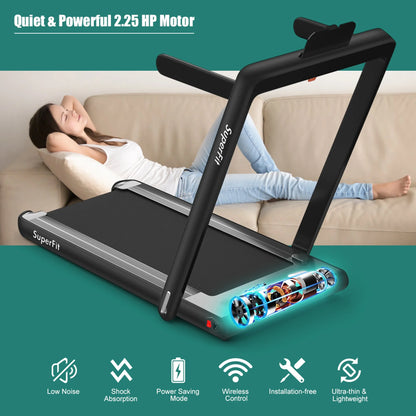 Gymax 2 in 1 Folding Treadmill 2.25HP Running Machine w/ Dual Display APP Control Black