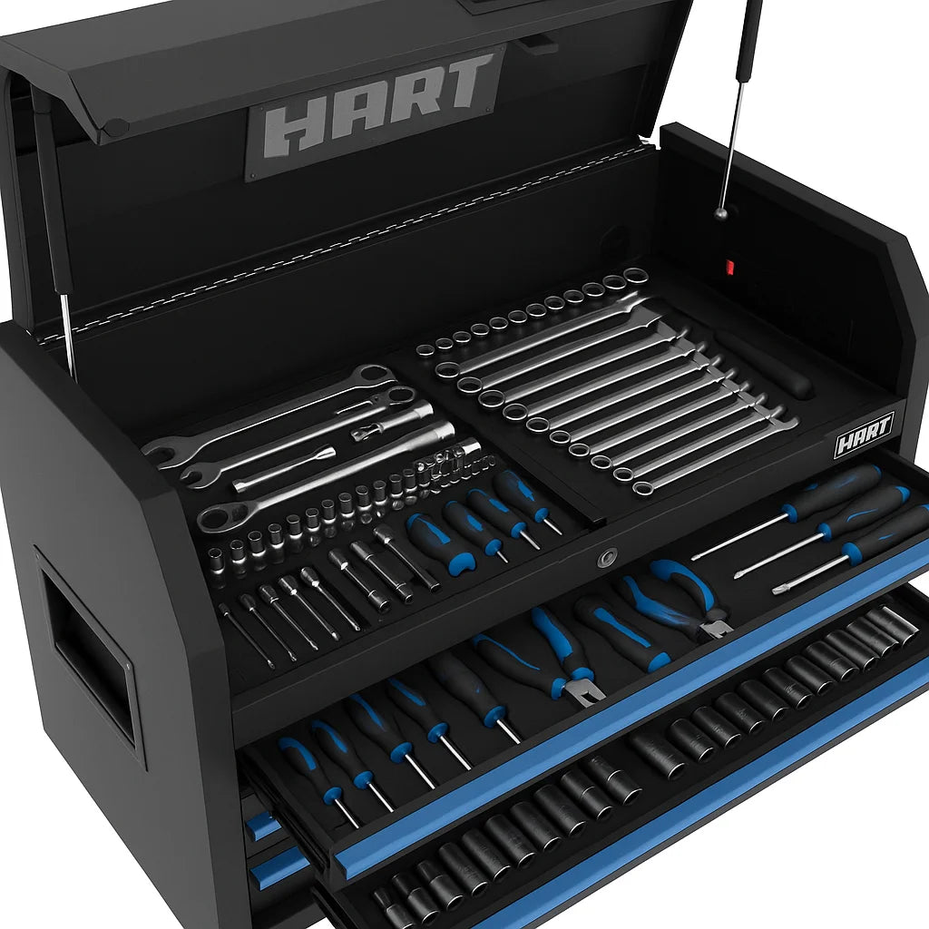 HART 36-Inch 5-Drawer Rolling Tool Cabinet with Wood Top, Locking Steel Garage Storage, Black