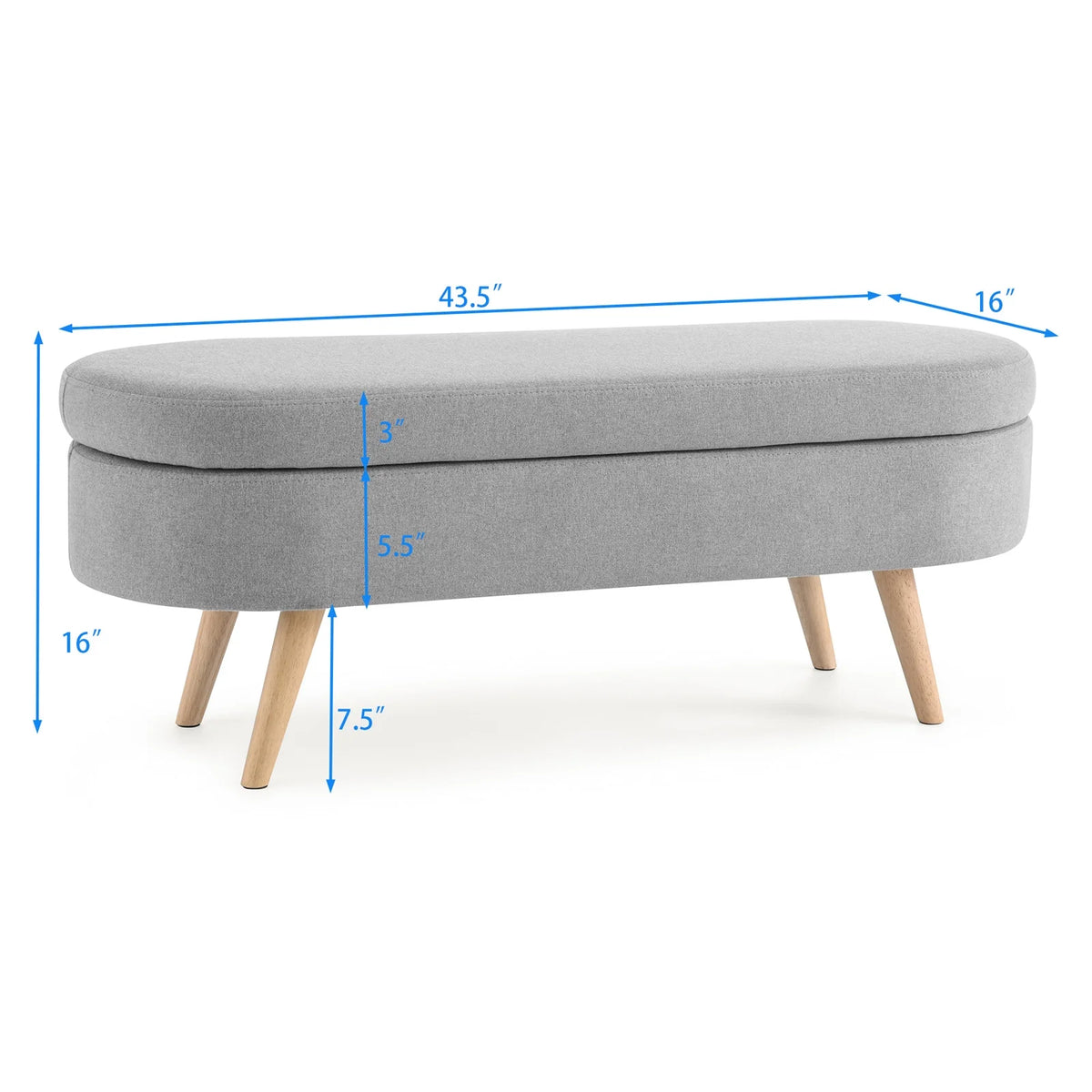 43.5" Oval Storage Ottoman Bench with Solid Wood Legs, Linen Fabric Upholstered Entryway Bench with Safety Hinge, Indoor Bench for End of Bed, Sofa Side, Entryway