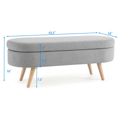 43.5" Oval Storage Ottoman Bench with Solid Wood Legs, Linen Fabric Upholstered Entryway Bench with Safety Hinge, Indoor Bench for End of Bed, Sofa Side, Entryway