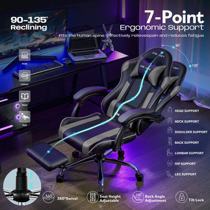 JONPONY Big and Tall Gaming Chair, Ergonomic Design, Gamer Chair PU Leather with Footrest and Lumbar Support, High Back Office Chair Support 8 Hours Long Sitting, Computer Chair,Black Grey