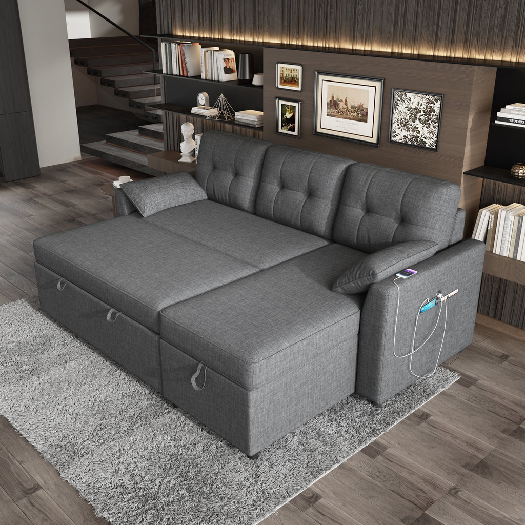 VANACC Sectional Sofa Bed with Storage and Soft Seat ,Reversible Pull Out Couch for Living Room,Beige