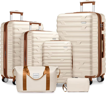 6-Piece Hardshell Luggage Set with Expandable Spinner Suitcases & TSA Lock, 25% Extra Capacity, Duffel Bag & Toiletry Kit, Cream ABS Suitcases