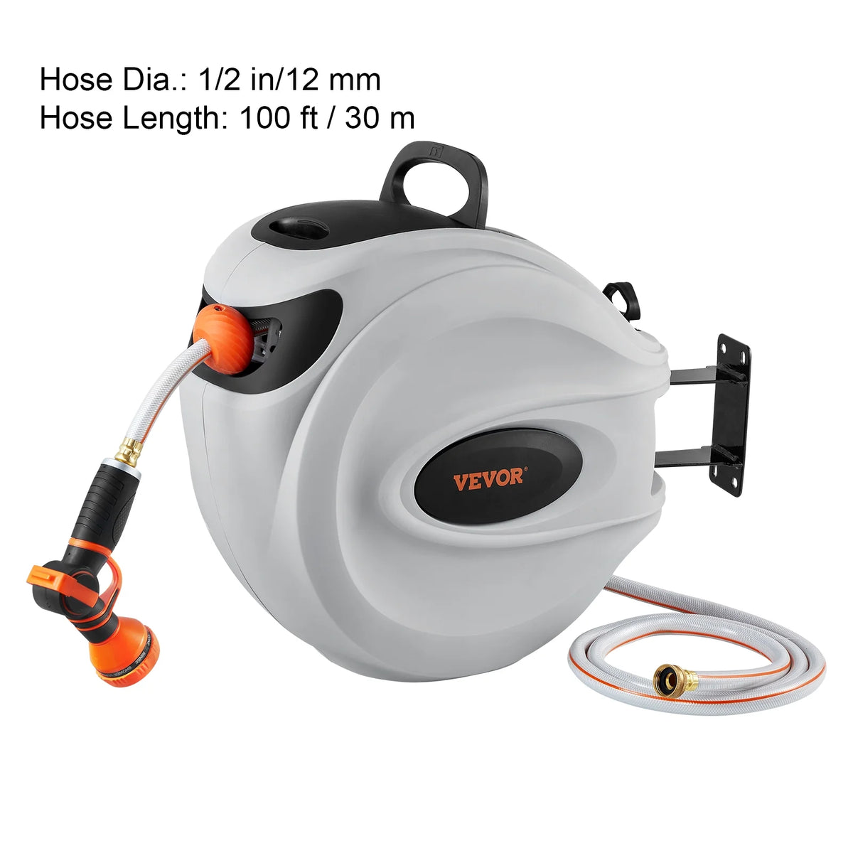 VEVOR Retractable Hose Reel, 100 ft x 1/2 inch, 180�� Swivel Bracket Wall-Mounted, Garden Water Hose Reel with 9-Pattern Nozzle, Automatic Rewind, Lock at Any Length, and Slow Return System