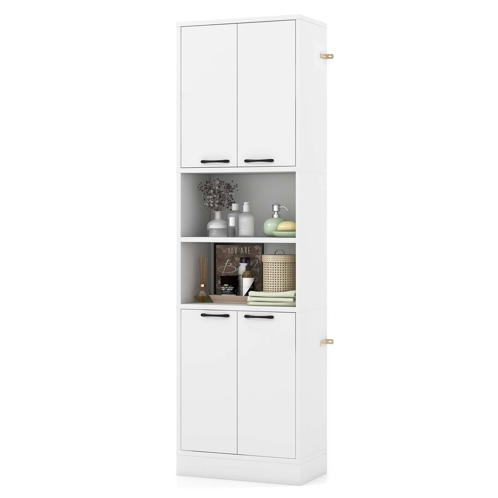 Costway 75" Tall Bathroom Storage Cabinet with 4 Doors & 2 Open Compartments Freestanding White