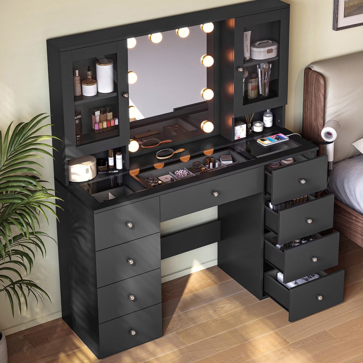 Linsy Home Large 47.2" Makeup Vanity With Mirror And 11 Lights, Glass Top Vanity Desk with 9 Drawers & 2 Adjustable Cabinets, Dressing Table with Charging Station & Hair Dryer Rack For Bedroom, White