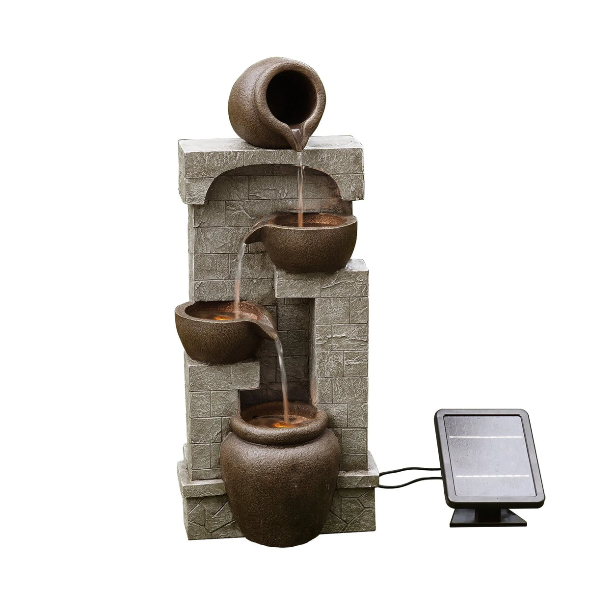 Teamson Home 28.5" Solar Powered 4-Tier Cascading Bowls & Stacked Stones Garden Water Fountain with LED Lights, Brown